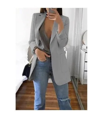 Yeknu Women Blazer Jackets Spring Autumn Casual Plus Size Fashion Basic Notched Slim Solid Coats Office Ladies Outwear Chic Loose Coat