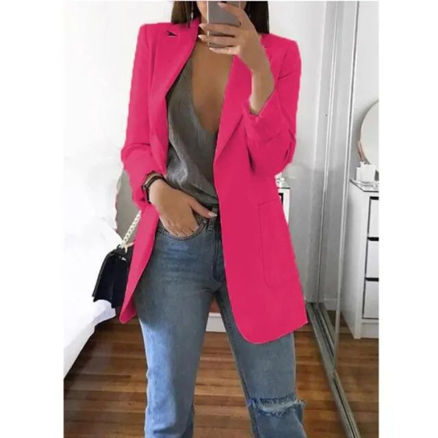 Yeknu Women Blazer Jackets Spring Autumn Casual Plus Size Fashion Basic Notched Slim Solid Coats Office Ladies Outwear Chic Loose Coat