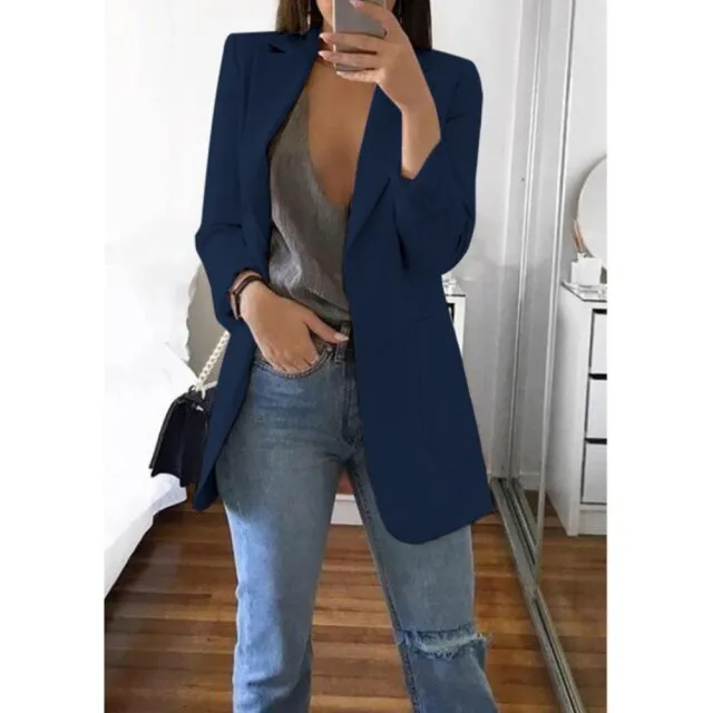 Yeknu Women Blazer Jackets Spring Autumn Casual Plus Size Fashion Basic Notched Slim Solid Coats Office Ladies Outwear Chic Loose Coat