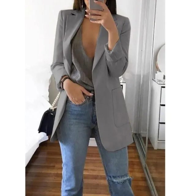 Yeknu Women Blazer Jackets Spring Autumn Casual Plus Size Fashion Basic Notched Slim Solid Coats Office Ladies Outwear Chic Loose Coat