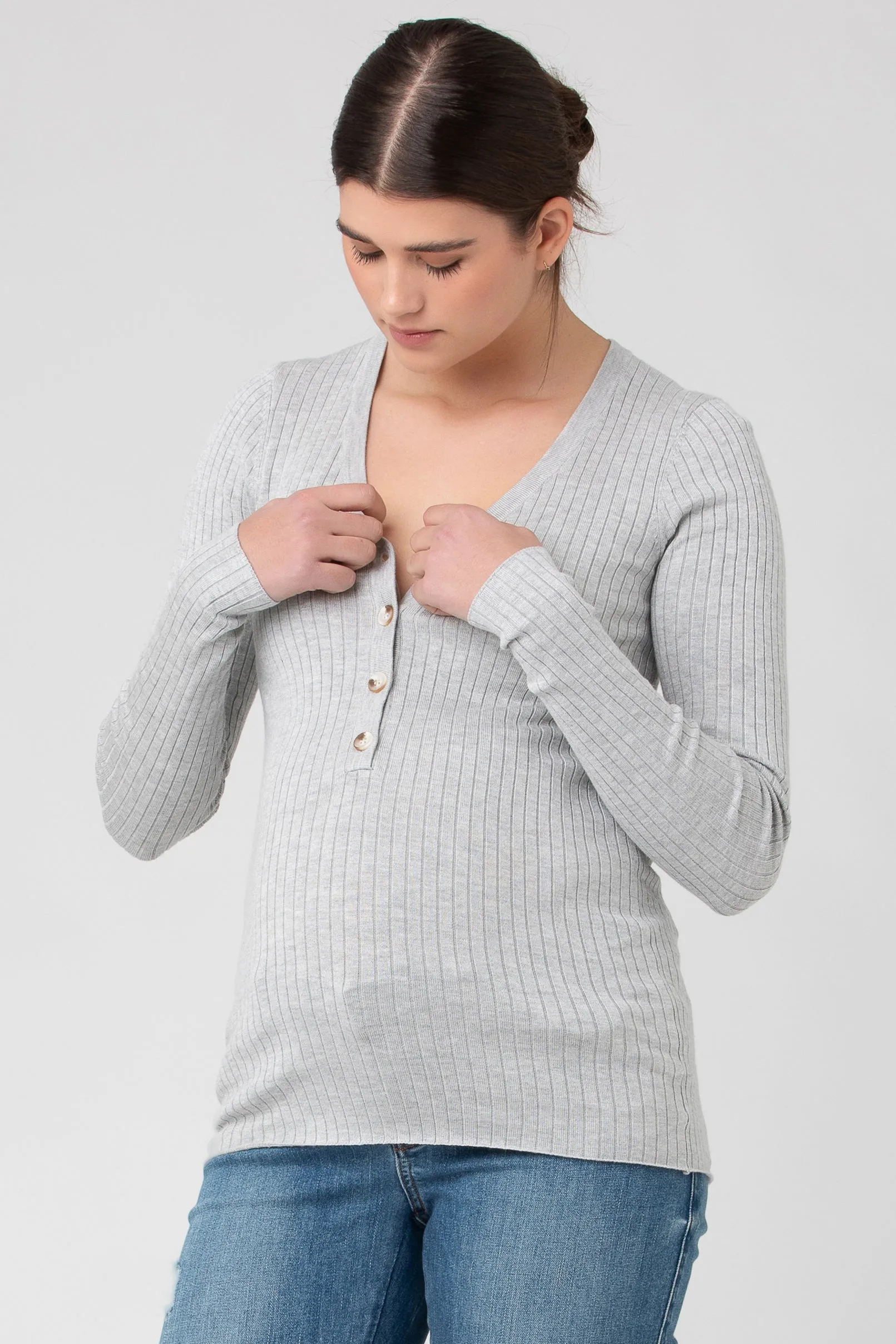 Zoe Button Up Nursing Knit Silver Marle